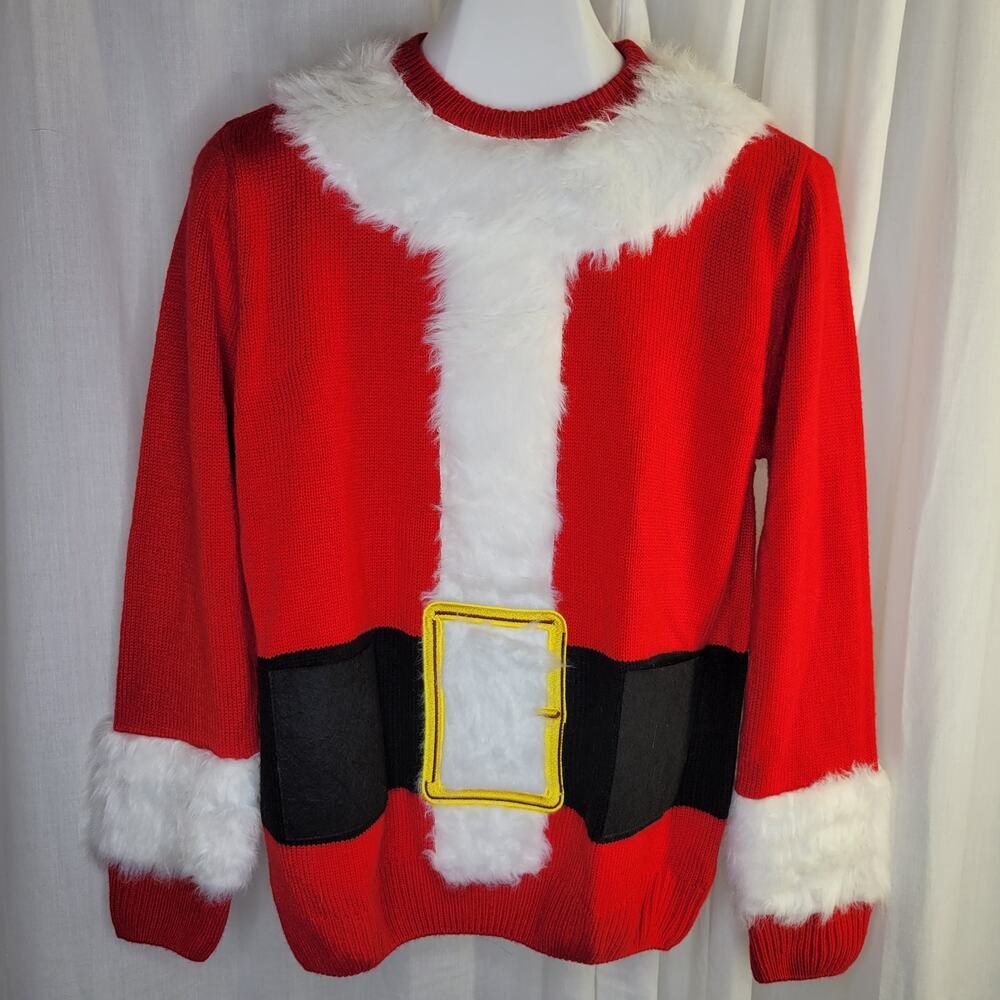Holiday Time Mens Santa Sweater with Faux Fur Trim and Beer Holders, M